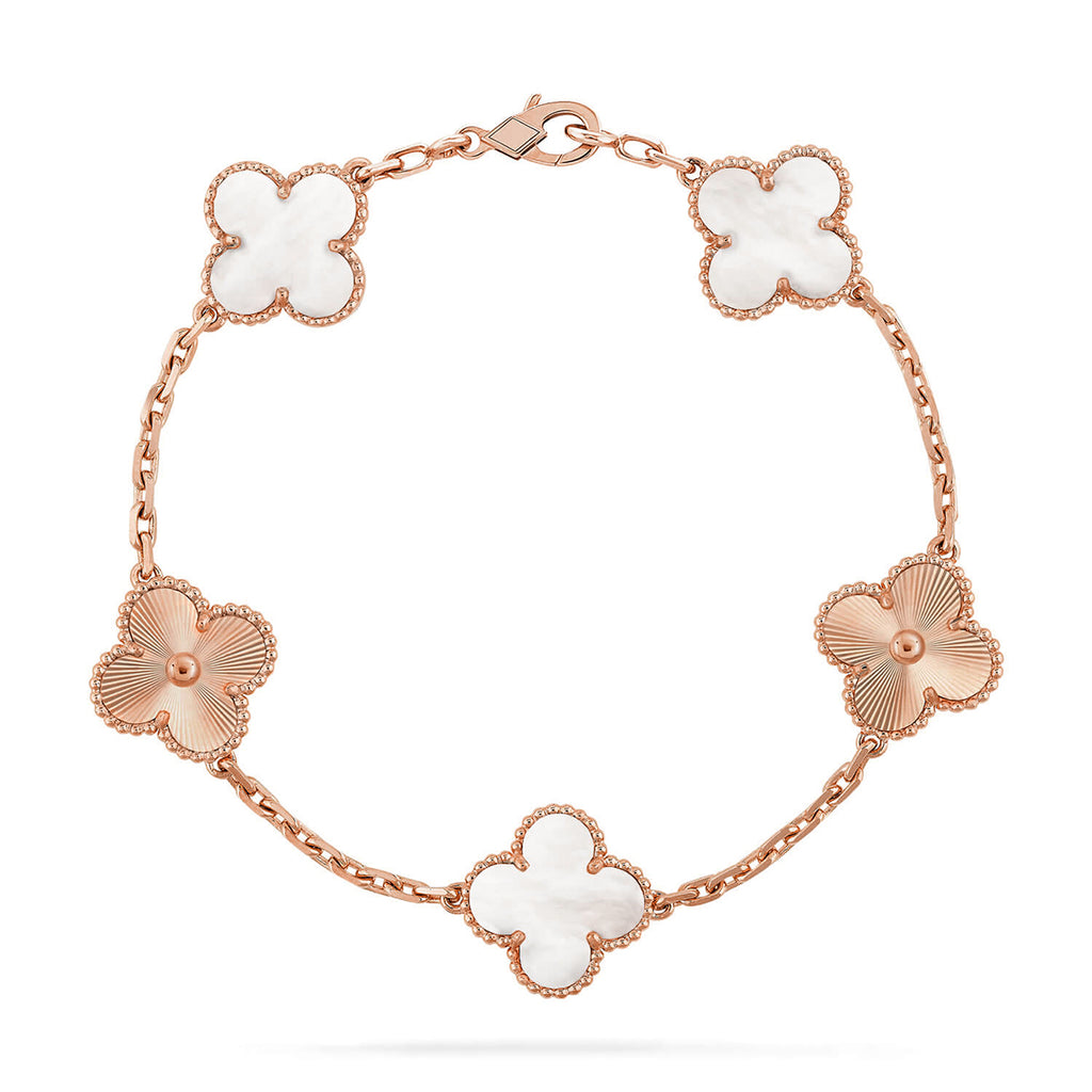 Glückliches 5-Motiv Kleeblattarmband - Natur Perlmutt