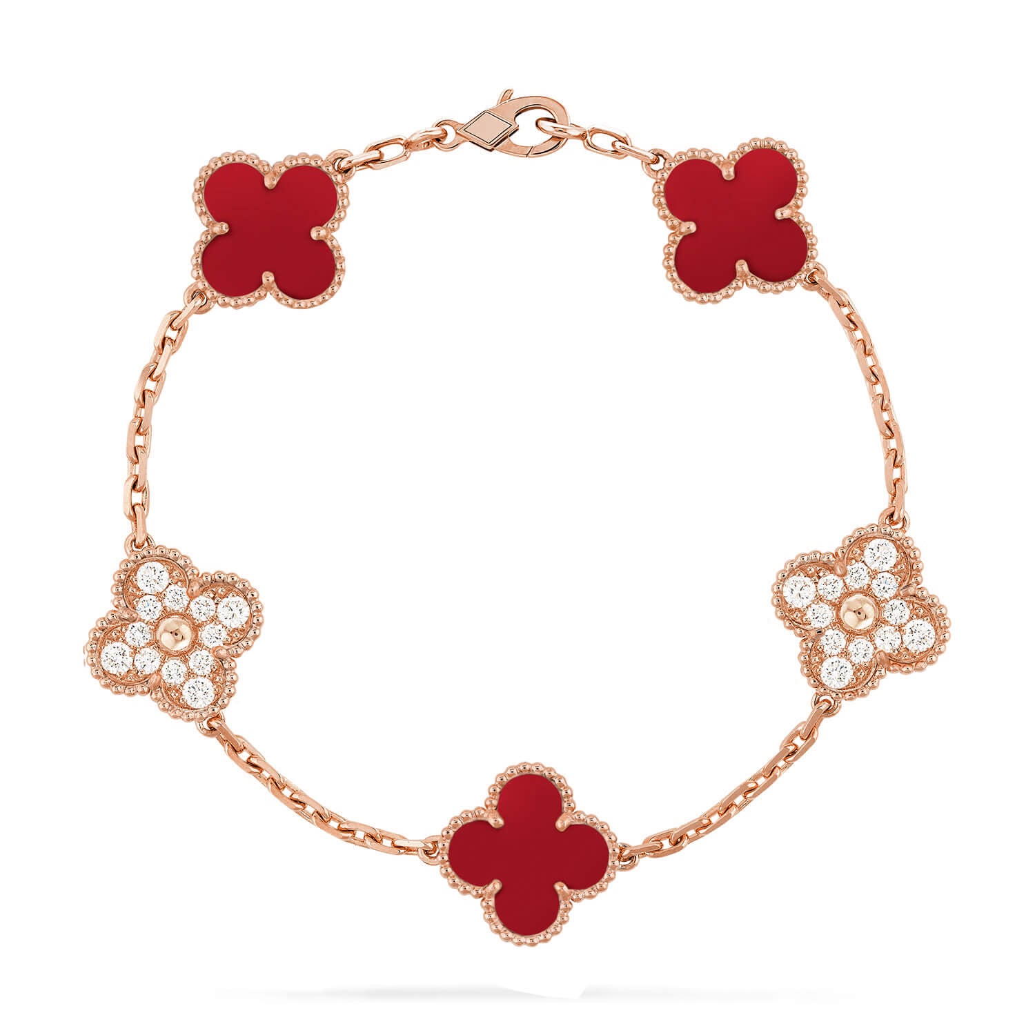 Lucky 5-Motif Clover Passion Bracelet - Natural Red Chalcedony