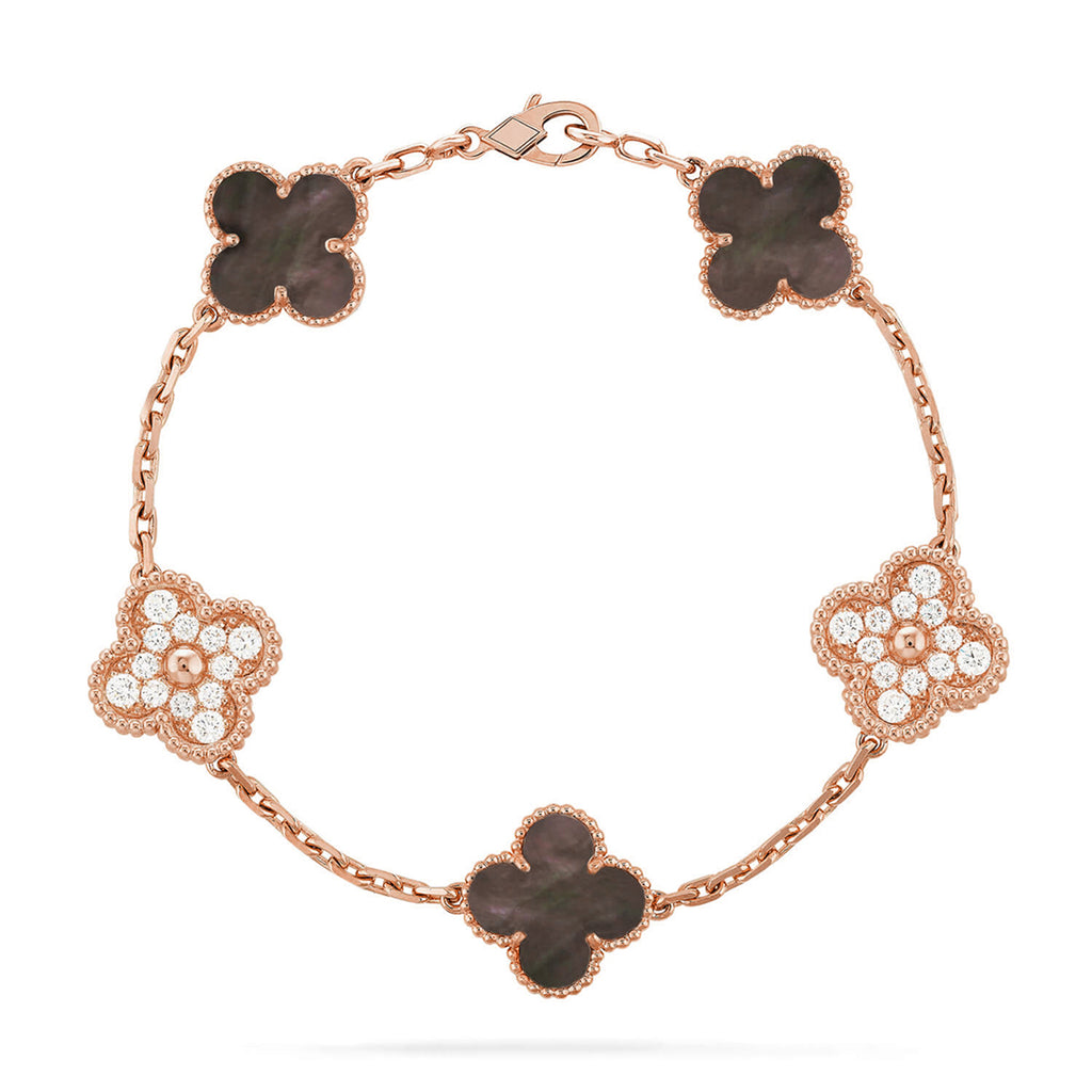 Glücks-Armband mit 5-Motiv-Kleeblatt und Perlmutt – Naturfarbenes graues Perlmutt