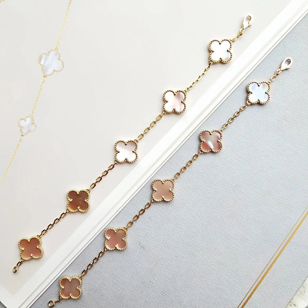 Lucky 5-Motif Clover Serenity Bracelet - Natural Pink Mother of Pearl