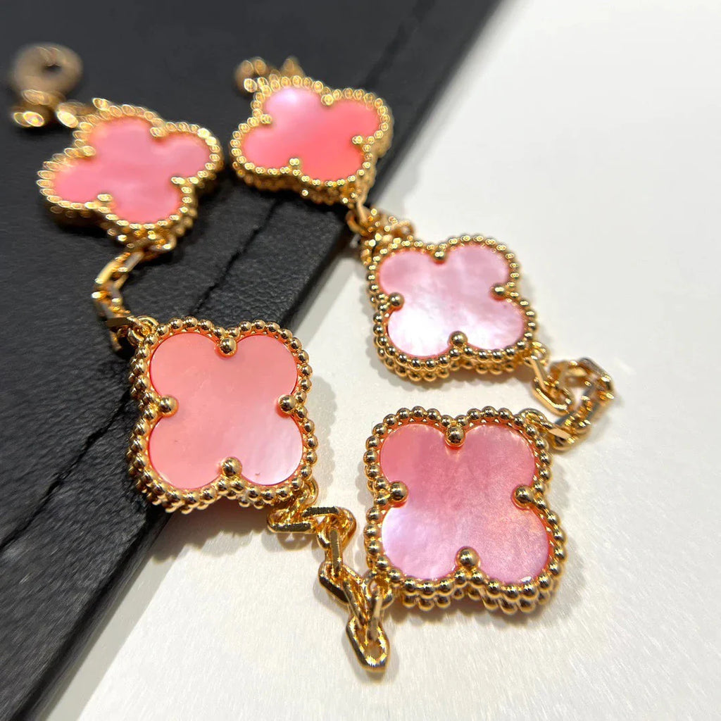 Lucky 5-Motif Clover Serenity Bracelet - Natural Pink Mother of Pearl
