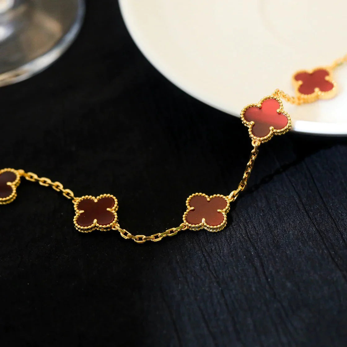 Lucky 5-Motif Clover Passion Bracelet - Natural Red Chalcedony