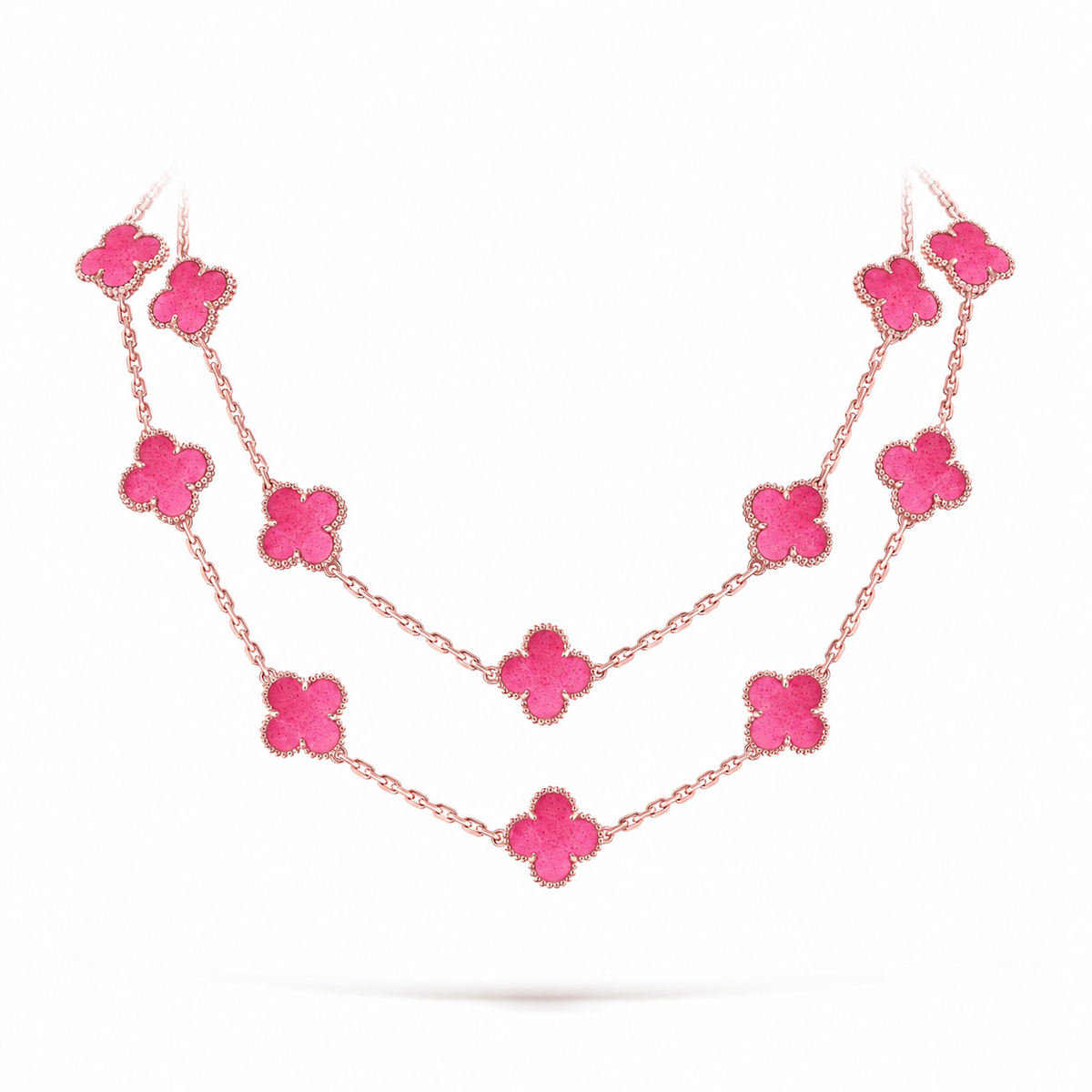 NEW CLOVER 20 MOTIFS PINK ENAMEL NECKLACE