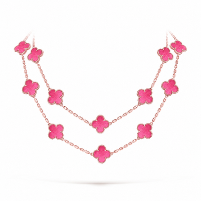 NEW CLOVER 20 MOTIFS PINK ENAMEL NECKLACE