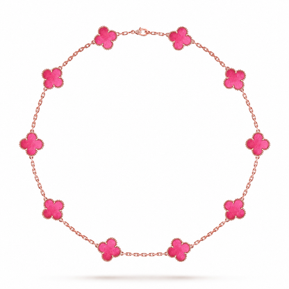 NEW CLOVER 10 MOTIFS PINK ENAMEL NECKLACE