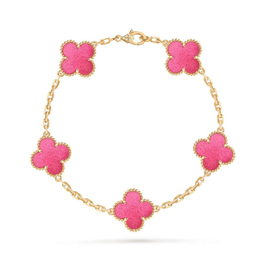 NEW CLOVER 5 MOTIFS PINK ENAMEL BRACELET