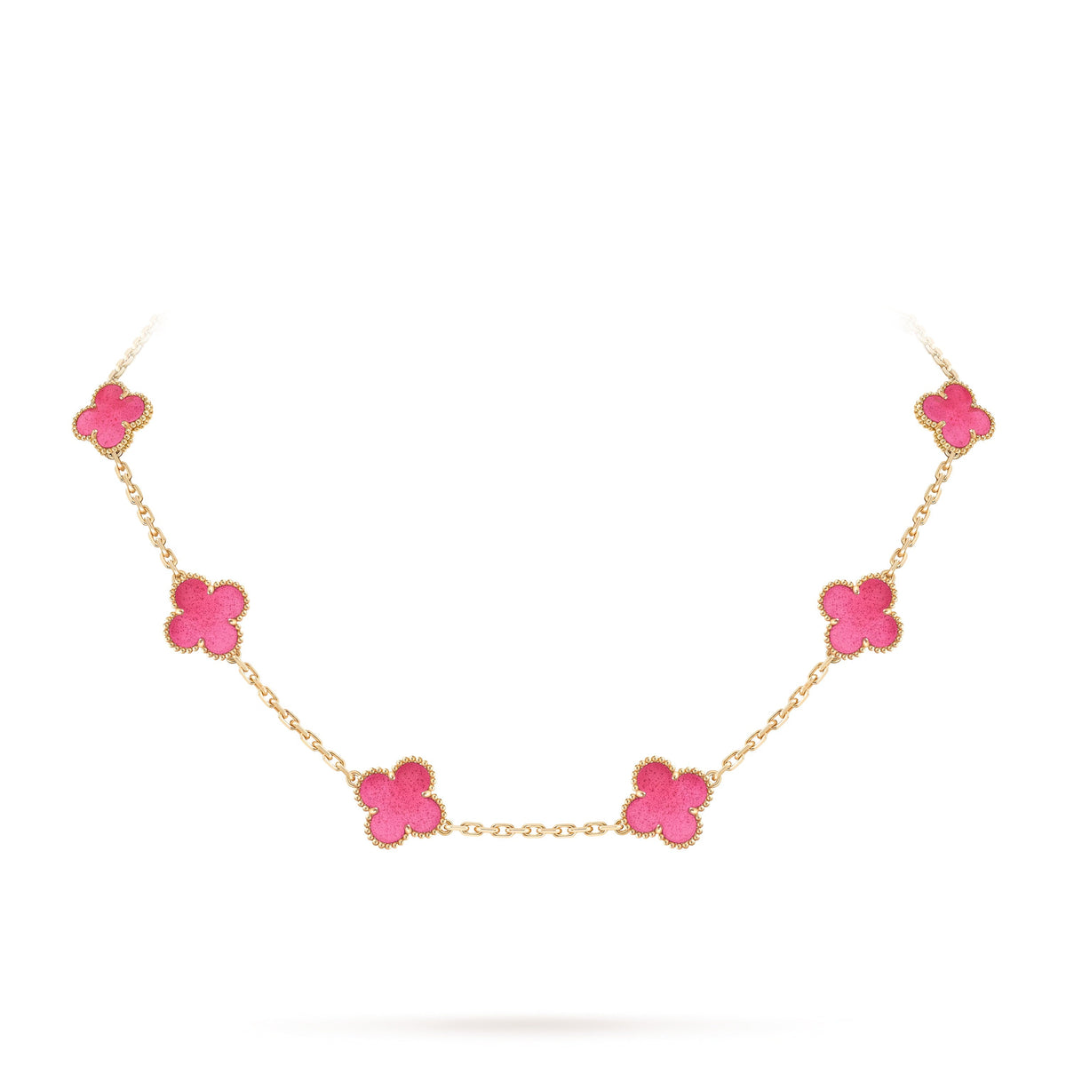 NEW CLOVER 10 MOTIFS PINK ENAMEL NECKLACE