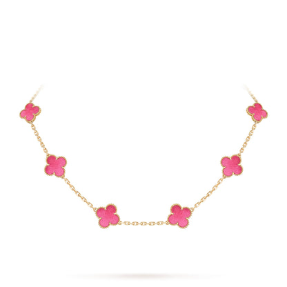 NEW CLOVER 10 MOTIFS PINK ENAMEL NECKLACE