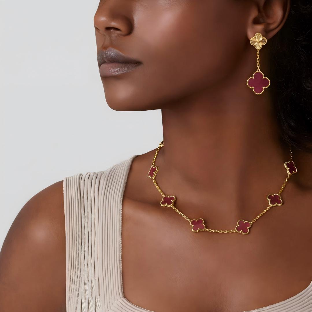 NEW CLOVER 10 MOTIFS PINK ENAMEL NECKLACE