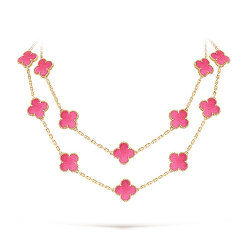 NEW CLOVER 20 MOTIFS PINK ENAMEL NECKLACE