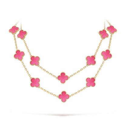 NEW CLOVER 20 MOTIFS PINK ENAMEL NECKLACE