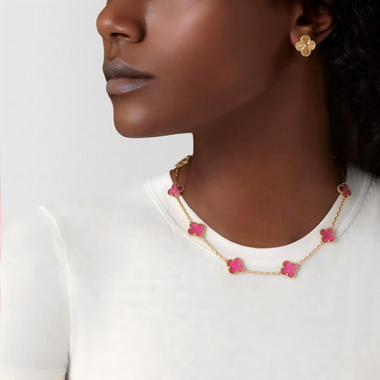 NEW CLOVER 10 MOTIFS PINK ENAMEL NECKLACE