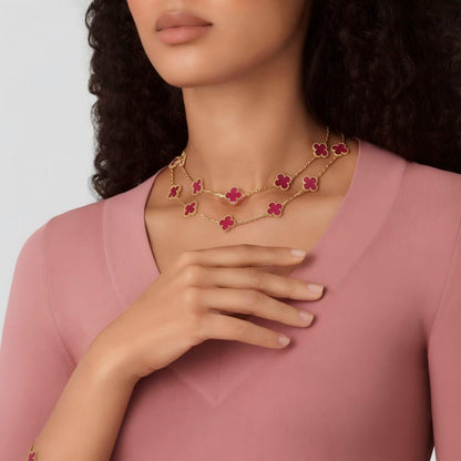 NEW CLOVER 20 MOTIFS PINK ENAMEL NECKLACE