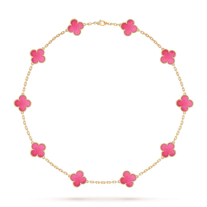NEW CLOVER 10 MOTIFS PINK ENAMEL NECKLACE