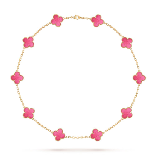 NEW CLOVER 10 MOTIFS PINK ENAMEL NECKLACE