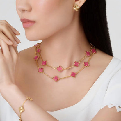 NEW CLOVER 20 MOTIFS PINK ENAMEL NECKLACE