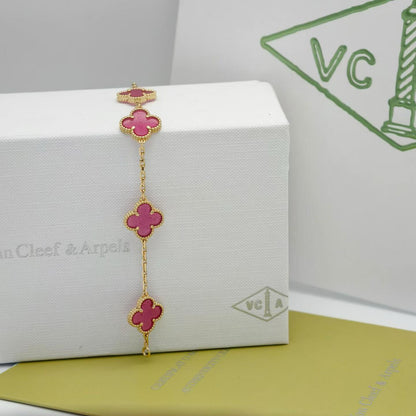 NEW CLOVER 5 MOTIFS PINK ENAMEL BRACELET