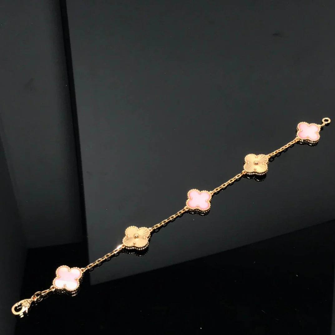 Lucky 5-Motif Clover Serenity Bracelet - Natural Pink Mother of Pearl