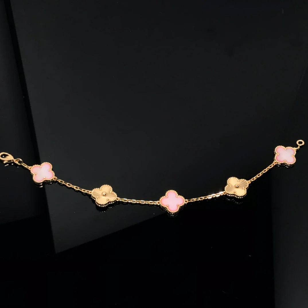 Lucky 5-Motif Clover Serenity Bracelet - Natural Pink Mother of Pearl